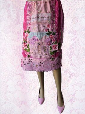 Handmade Pink Cherry Blossom & Rambling Rose Embroidered and Lace Skirt Romantic